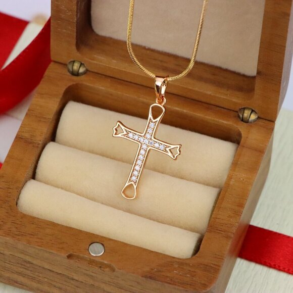 "Elegant Rose Gold Cross Pendant with CZ Stones and Cutout Design, XPPT1848 - Picture 8 of 13